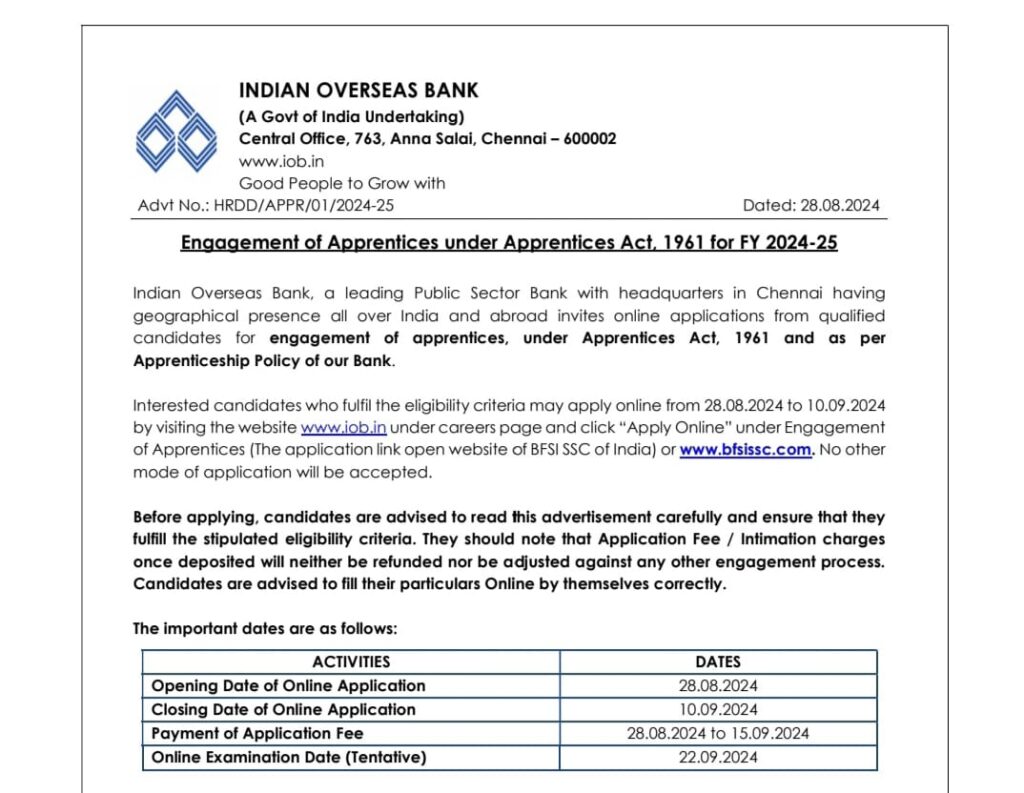 Indian Overseas Bank Recruitment 2024: बैंक में निकली अपरेंटिस के 550 पदों पर रिक्तियां