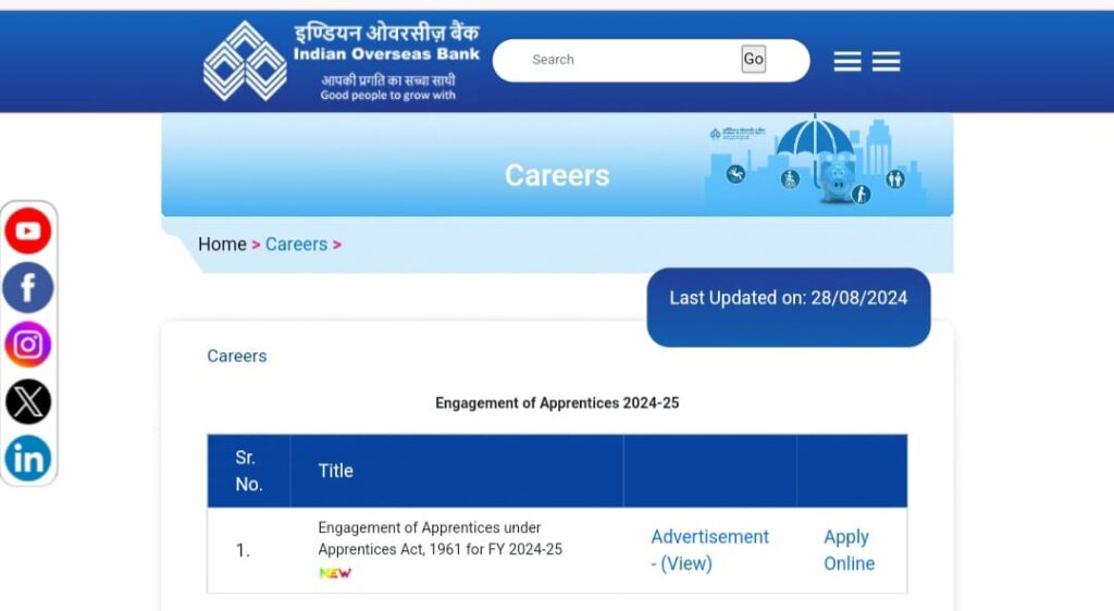 Indian Overseas Bank Recruitment 2024: बैंक में निकली अपरेंटिस के 550 पदों पर रिक्तियां